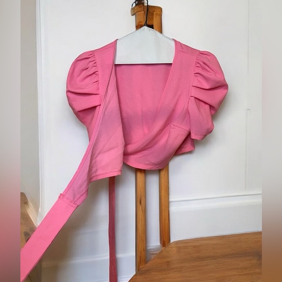 Shein Slayr Puff Sleeve Tie Front Crop Blouse Pink Size Small - Picture 3 of 6